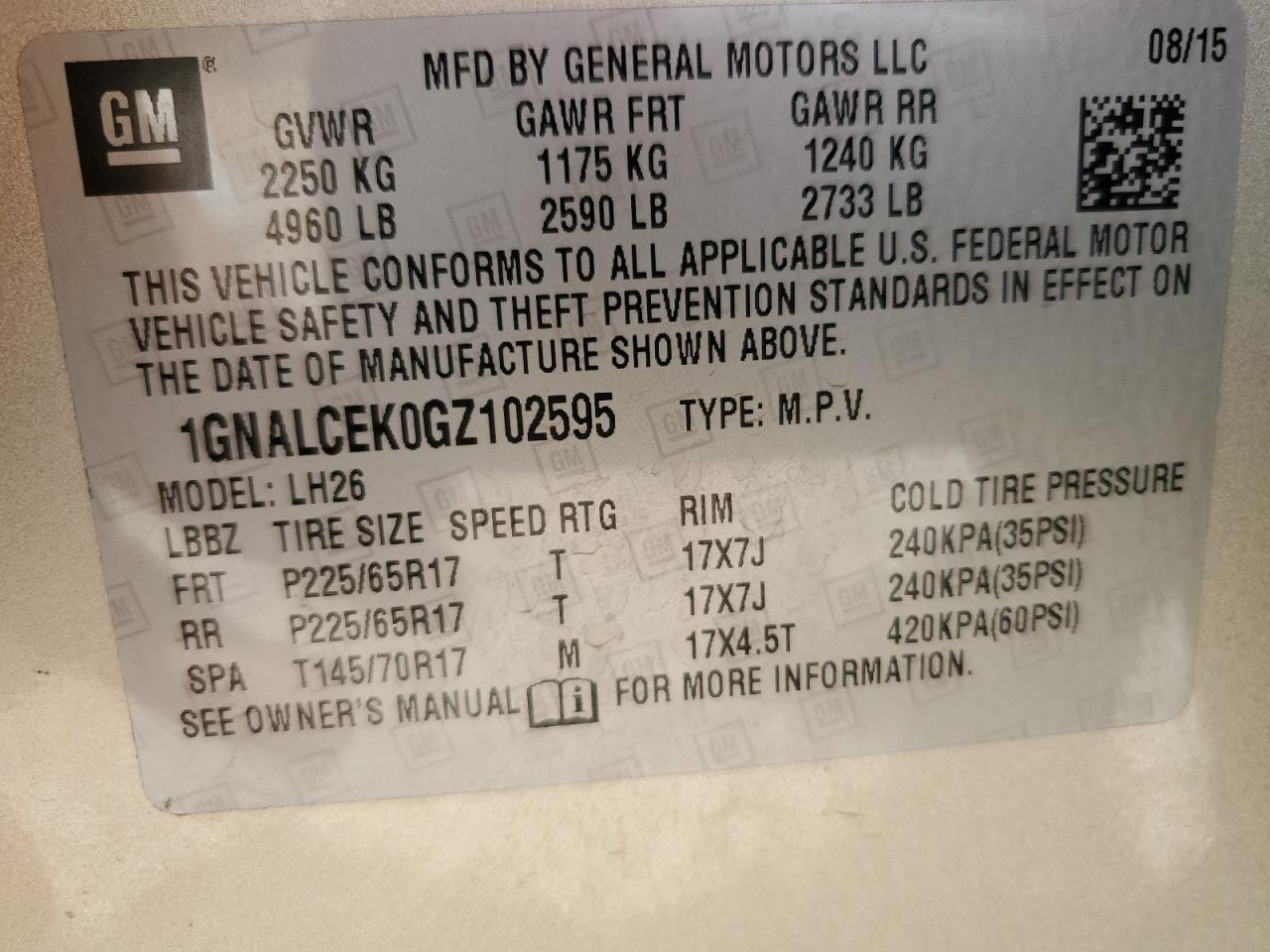 2016 Chevrolet Equinox Lt VIN: 1GNALCEK0GZ102595 Lot: 65231095