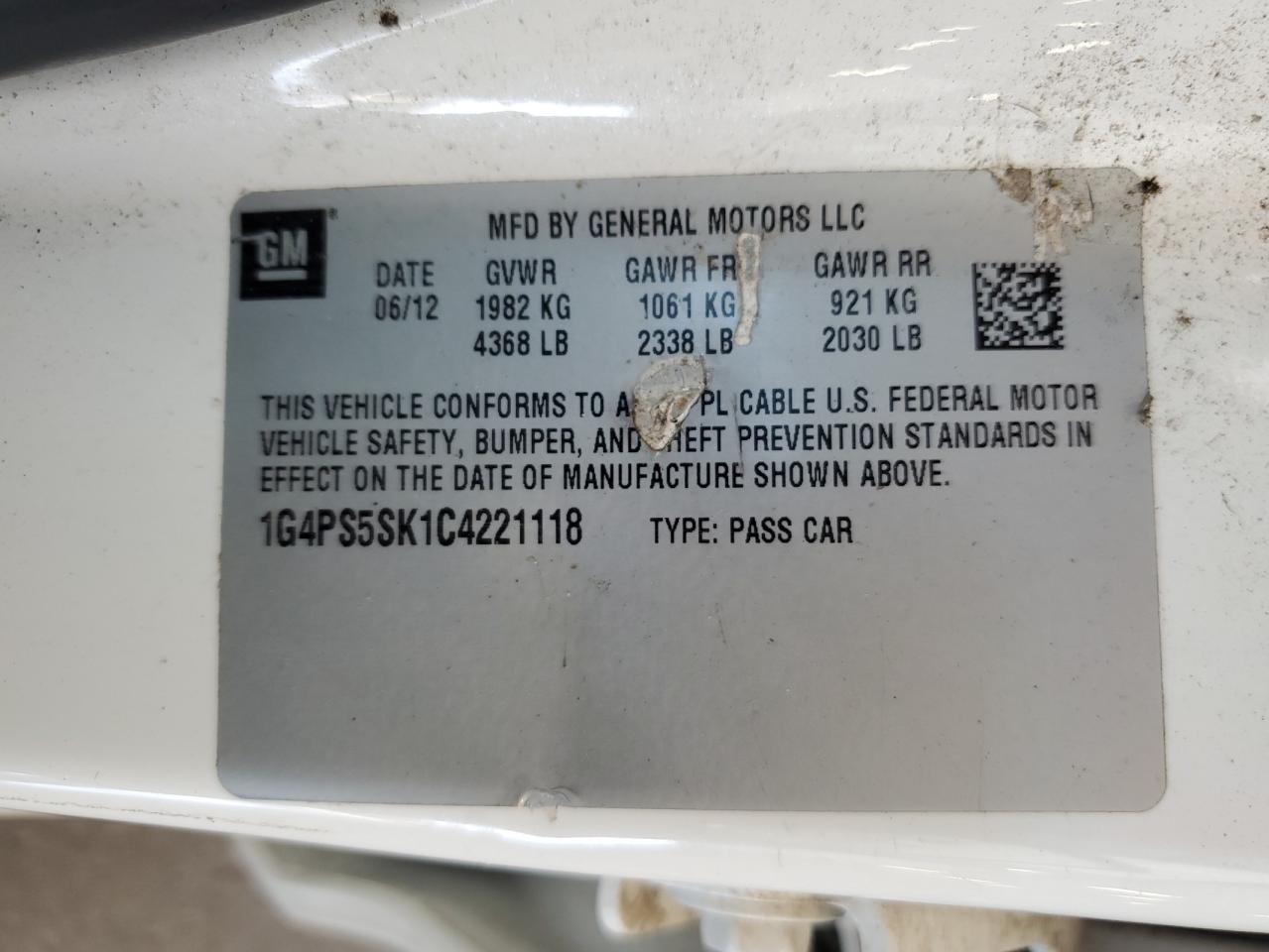 2012 Buick Verano VIN: 1G4PS5SK1C4221118 Lot: 63009645