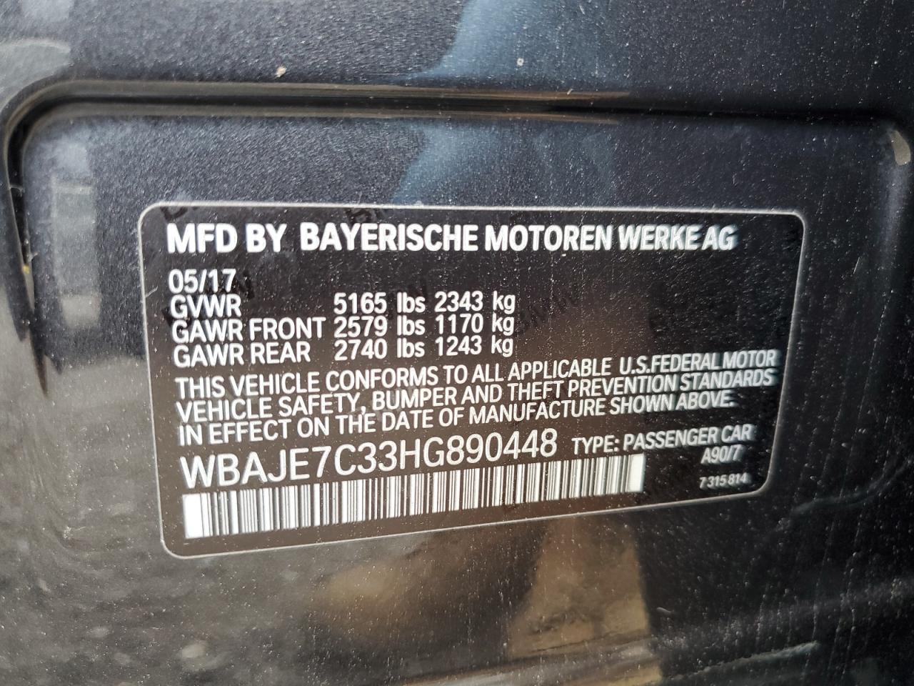 2017 BMW 540 Xi VIN: WBAJE7C33HG890448 Lot: 65024515