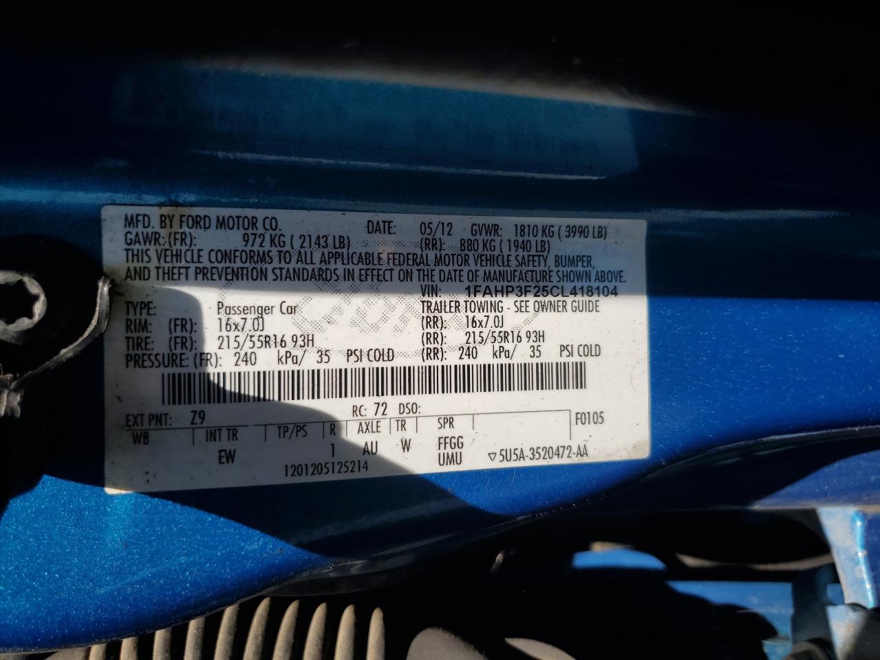 2012 Ford Focus Se VIN: 1FAHP3F25CL418104 Lot: 65287725