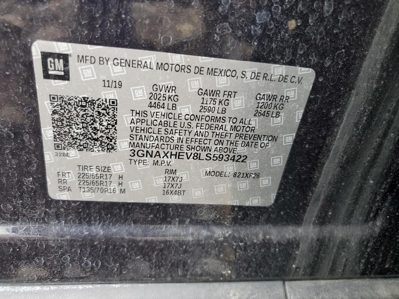 2020 Chevrolet Equinox Ls VIN: 3GNAXHEV8LS593422 Lot: 64984115