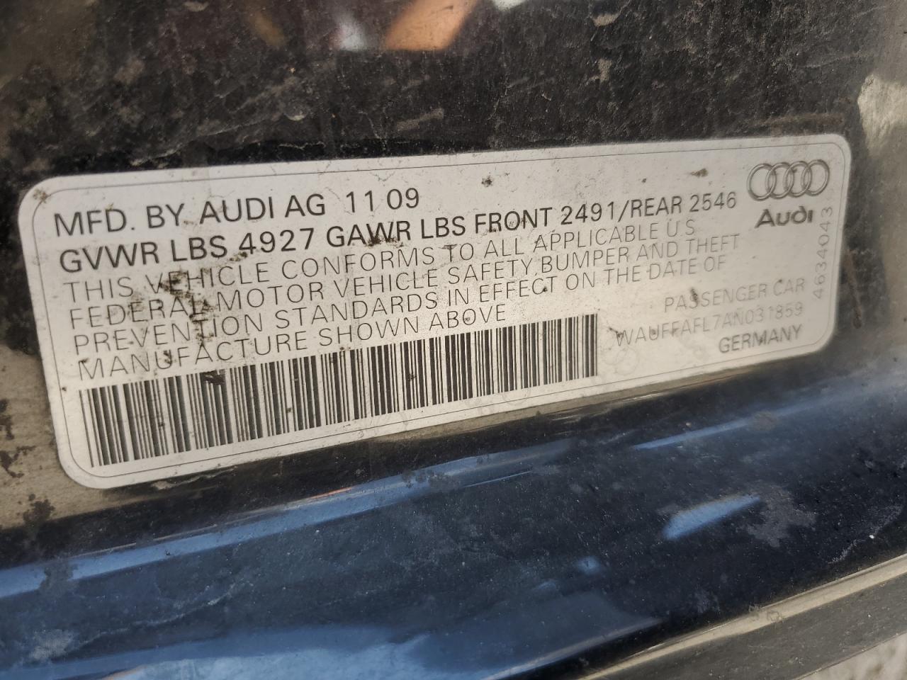 2010 Audi A4 Premium Plus VIN: WAUFFAFL7AN031859 Lot: 63270115