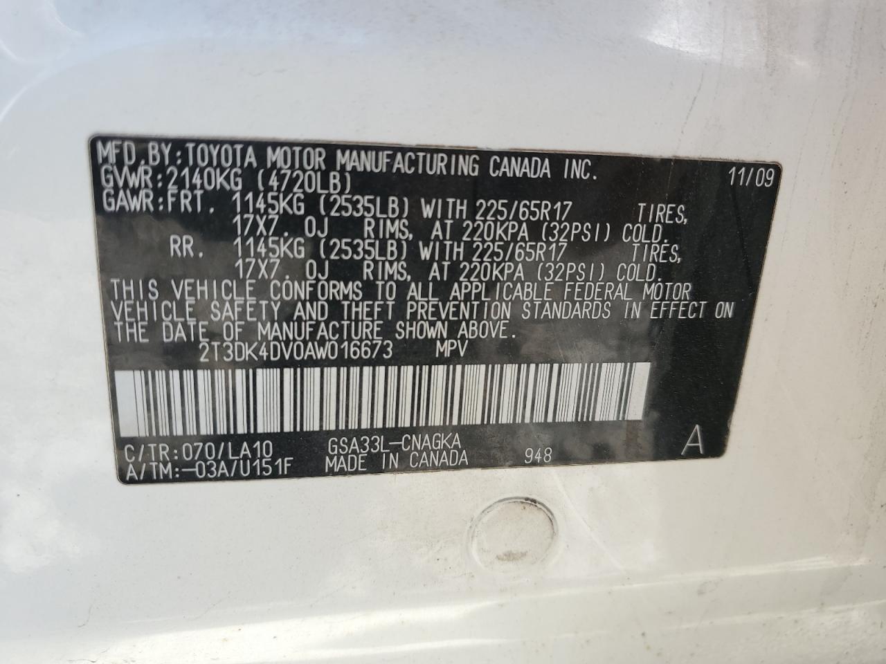 2010 Toyota Rav4 Limited VIN: 2T3DK4DV0AW016673 Lot: 65408505