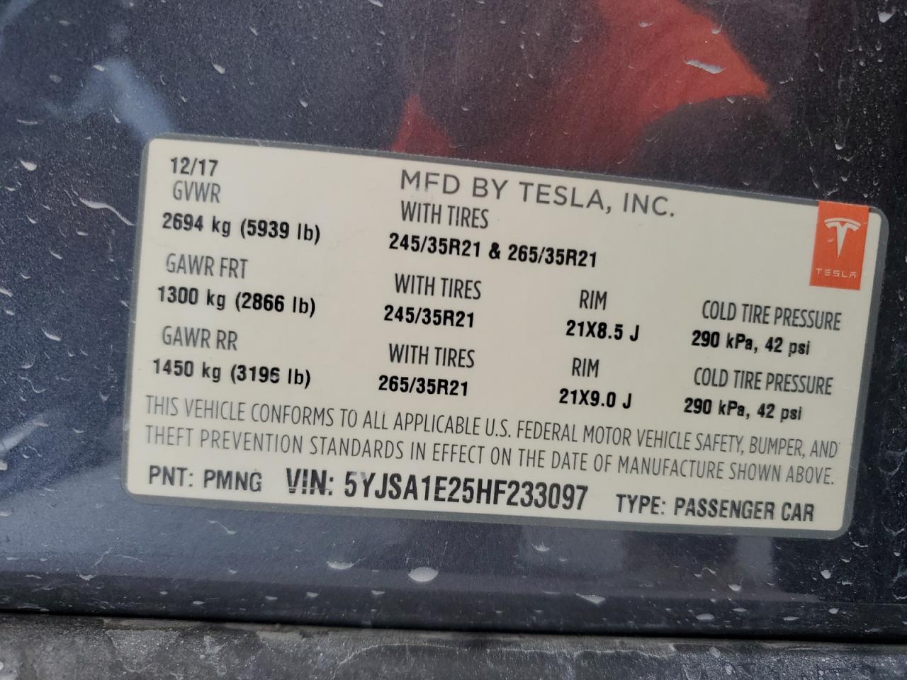 2017 Tesla Model S VIN: 5YJSA1E25HF233097 Lot: 65191905