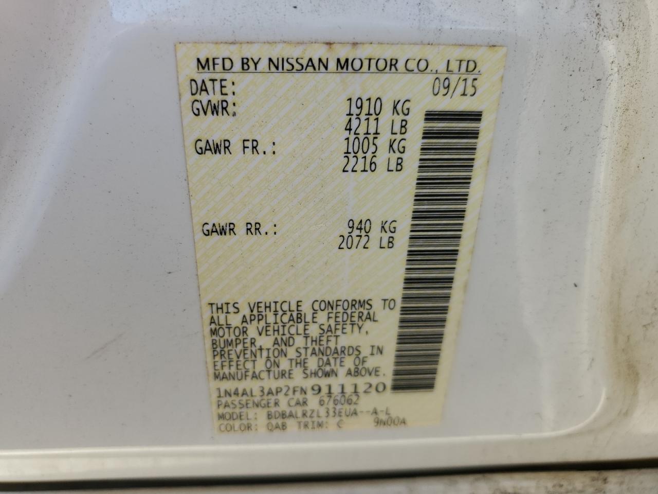 2015 Nissan Altima 2.5 VIN: 1N4AL3AP2FN911120 Lot: 63465115