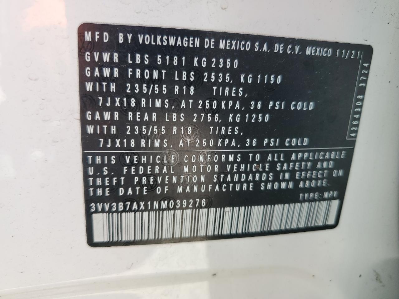 2022 Volkswagen Tiguan Se VIN: 3VV3B7AX1NM039276 Lot: 63218655