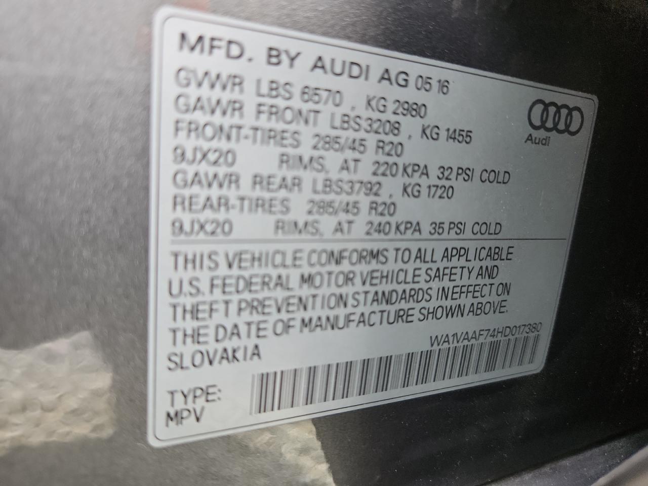 2017 Audi Q7 Prestige VIN: WA1VAAF74HD017380 Lot: 64813825