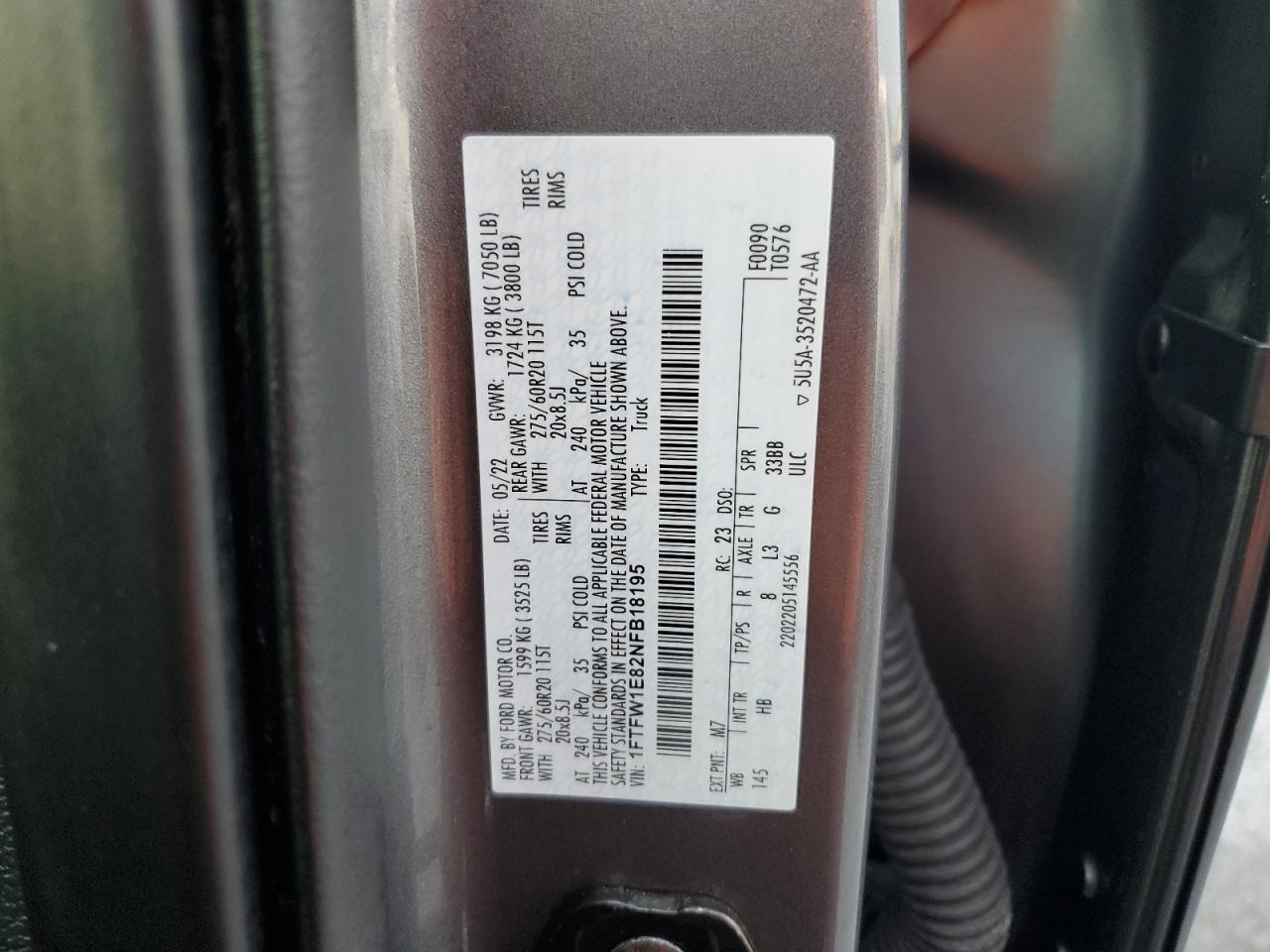 2022 Ford F150 Supercrew VIN: 1FTFW1E82NFB18195 Lot: 65448735