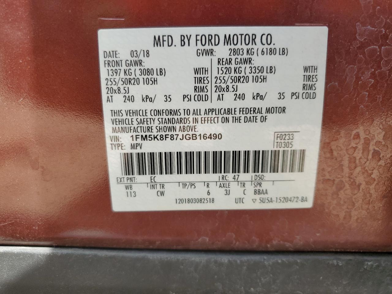 2018 Ford Explorer Limited VIN: 1FM5K8F87JGB16490 Lot: 65152715