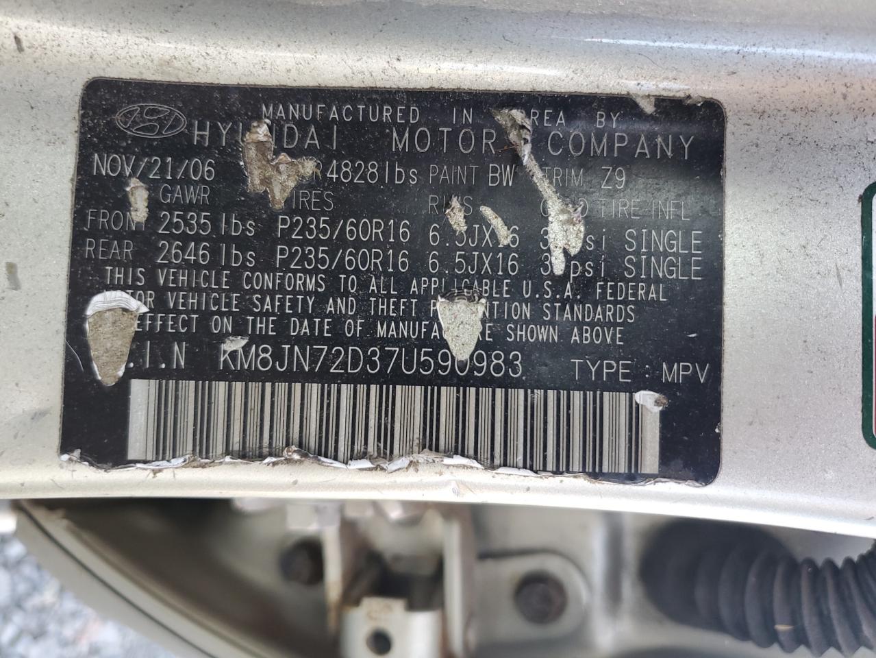 2007 Hyundai Tucson Se VIN: KM8JN72D37U590983 Lot: 64974585