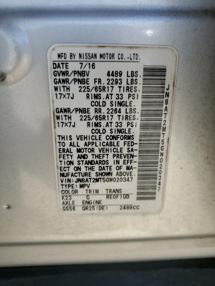 2016 Nissan Rogue S VIN: JN8AT2MT5GW020347 Lot: 65089185