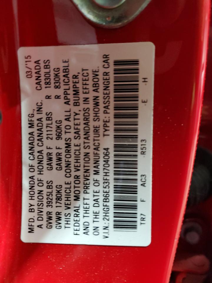 2015 Honda Civic Si VIN: 2HGFB6E53FH704064 Lot: 64758615