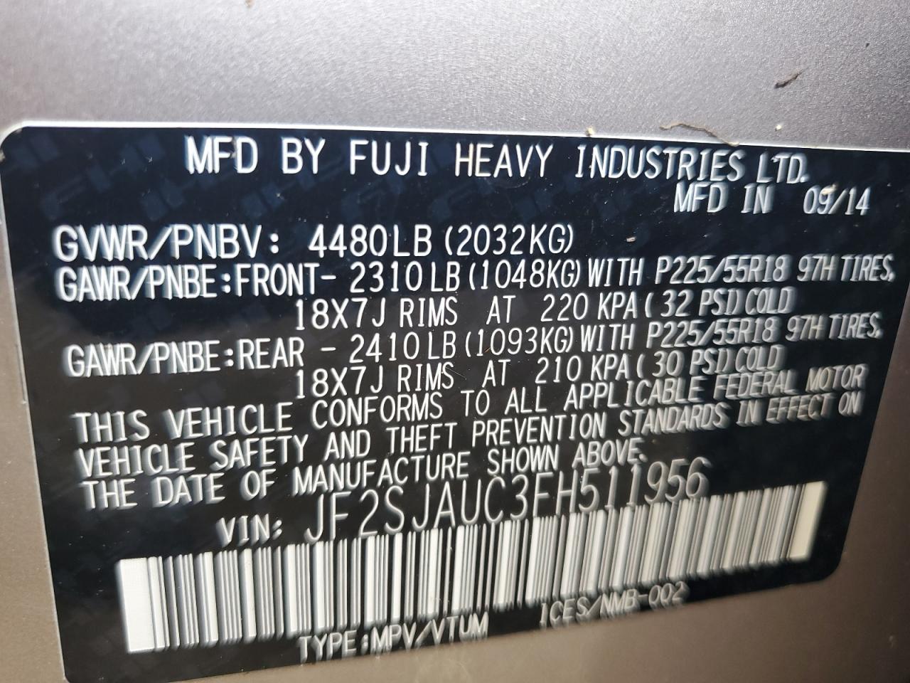 2015 Subaru Forester 2.5I Touring VIN: JF2SJAUC3FH511956 Lot: 66629325