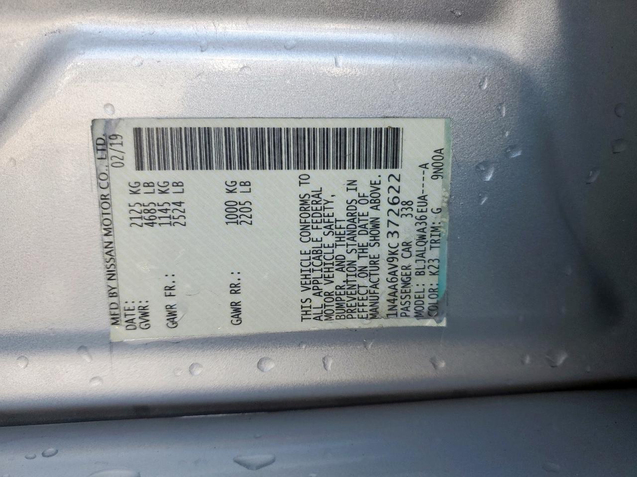 2019 Nissan Maxima S VIN: 1N4AA6AV9KC372622 Lot: 64191335