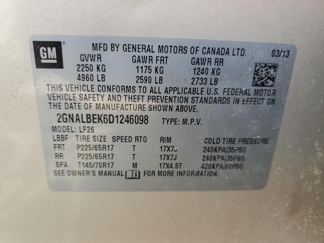 2013 Chevrolet Equinox Ls VIN: 2GNALBEK6D1246098 Lot: 64954555