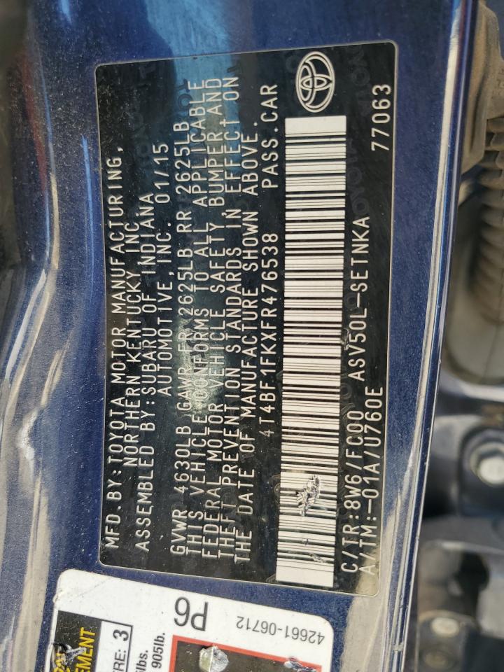 2015 Toyota Camry Le VIN: 4T4BF1FKXFR476538 Lot: 66218625