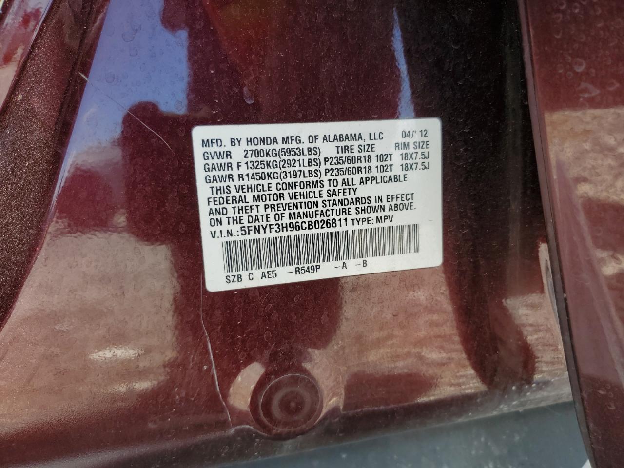 2012 Honda Pilot Touring VIN: 5FNYF3H96CB026811 Lot: 64174215