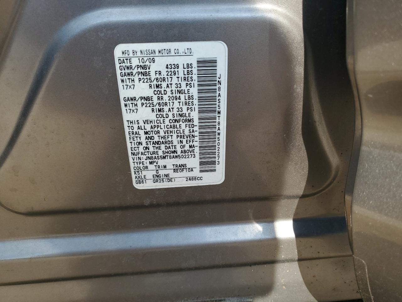 2010 Nissan Rogue S VIN: JN8AS5MT8AW502273 Lot: 63621375