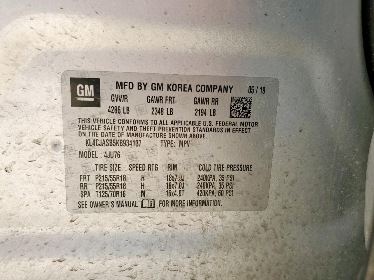 2019 Buick Encore Preferred VIN: KL4CJASB5KB934137 Lot: 65249825