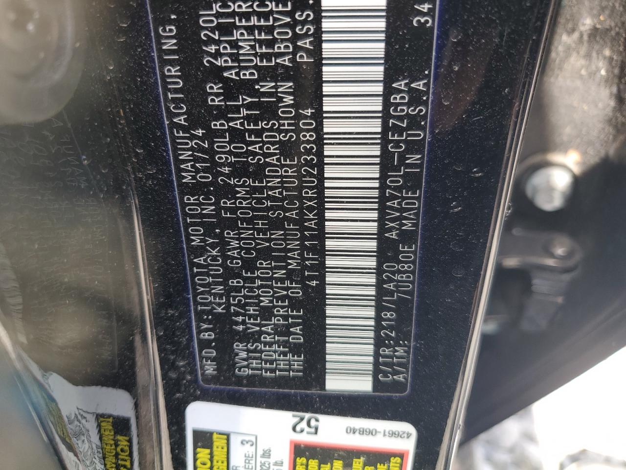 2024 Toyota Camry Xle VIN: 4T1F11AKXRU233804 Lot: 64038845