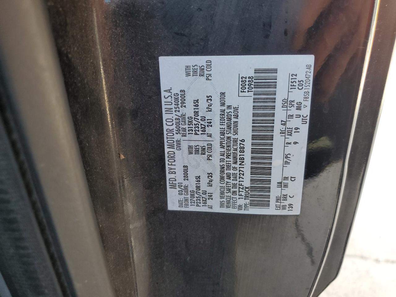 2001 Ford F150 VIN: 1FTZF17271NB18876 Lot: 65053875