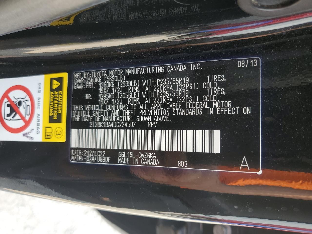 2013 Lexus Rx 350 Base VIN: 2T2BK1BA4DC224507 Lot: 64012975
