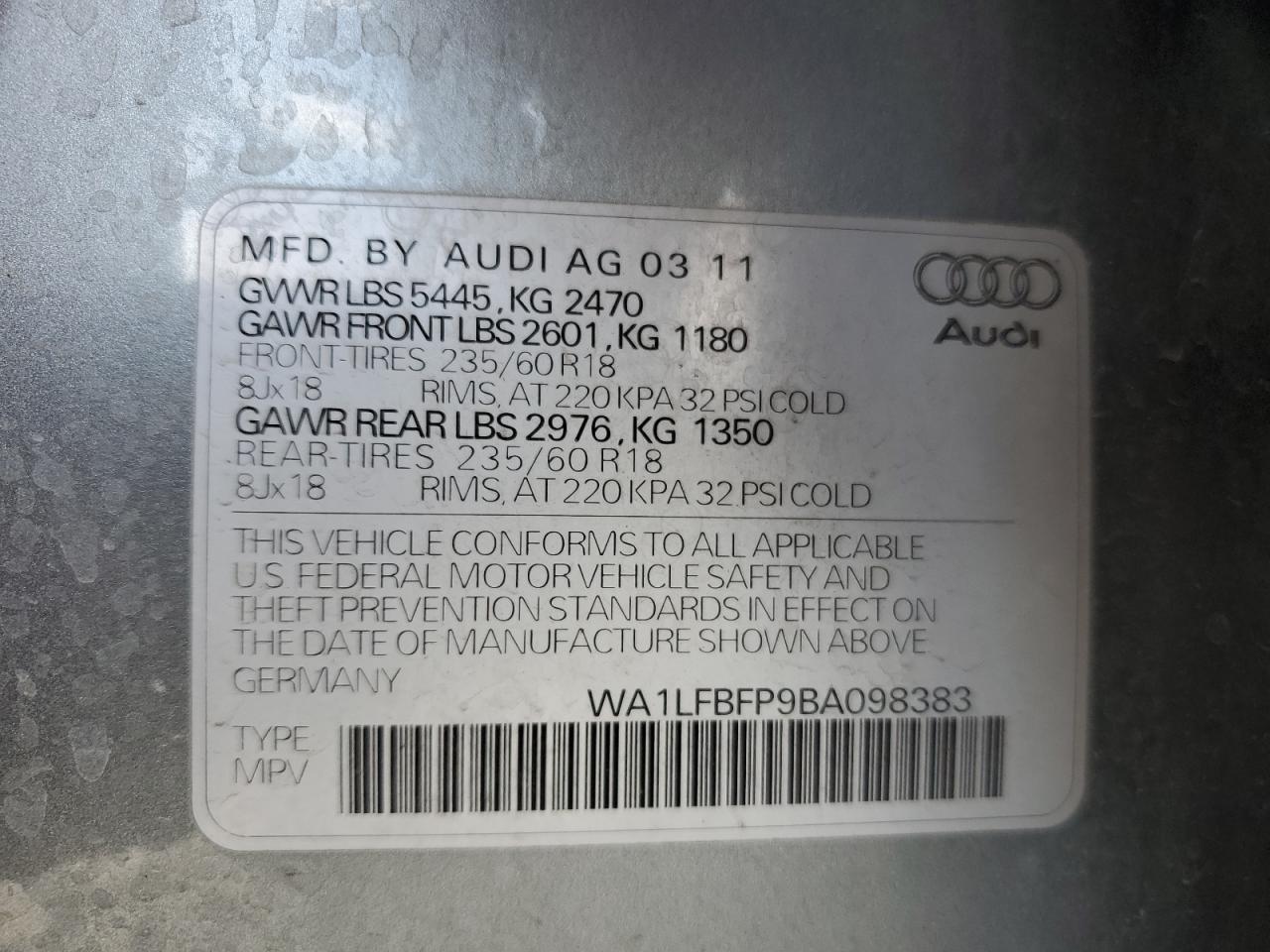 2011 Audi Q5 Premium Plus VIN: WA1LFBFP9BA098383 Lot: 63238265