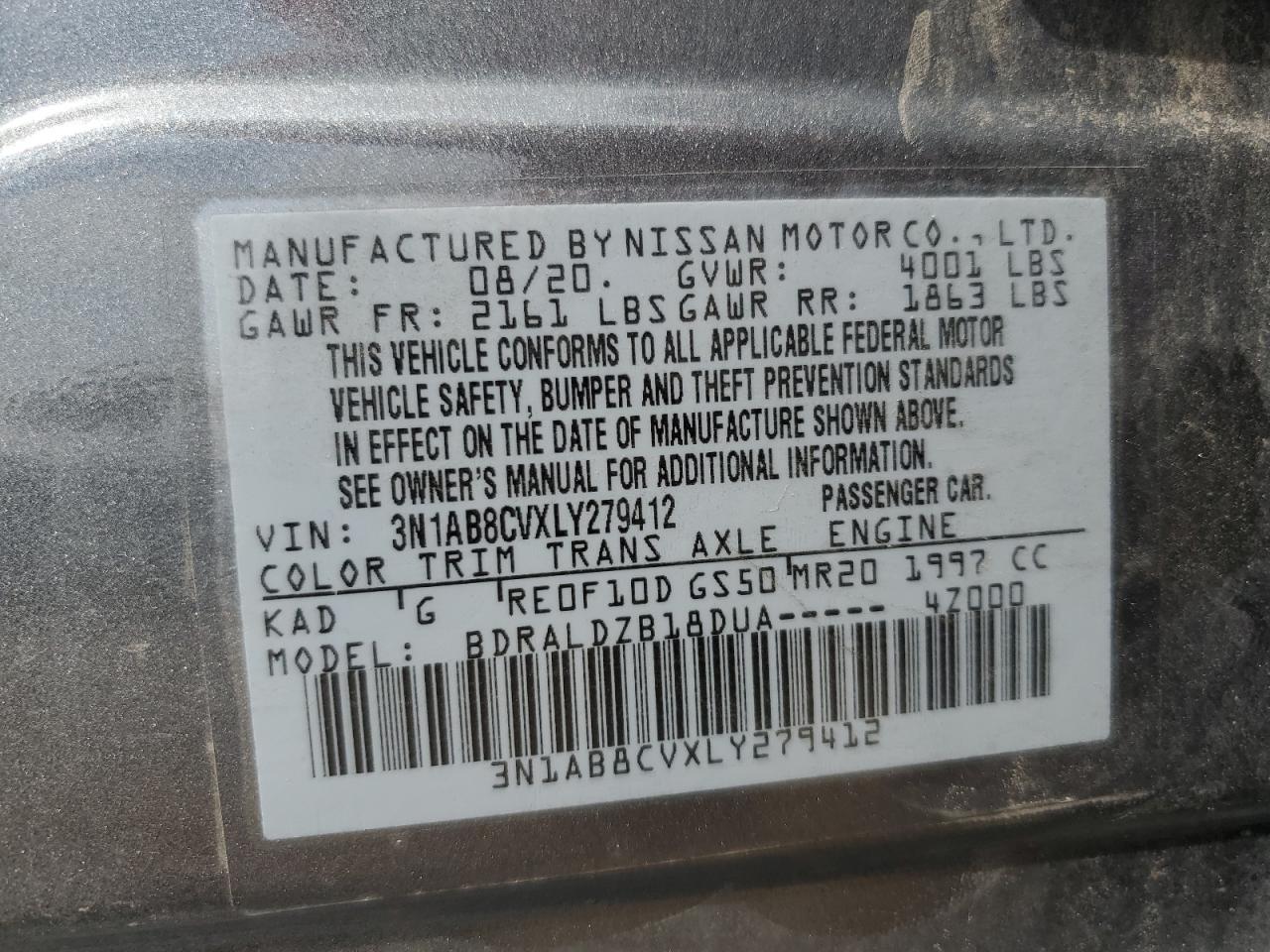 2020 Nissan Sentra Sv VIN: 3N1AB8CVXLY279412 Lot: 64655615