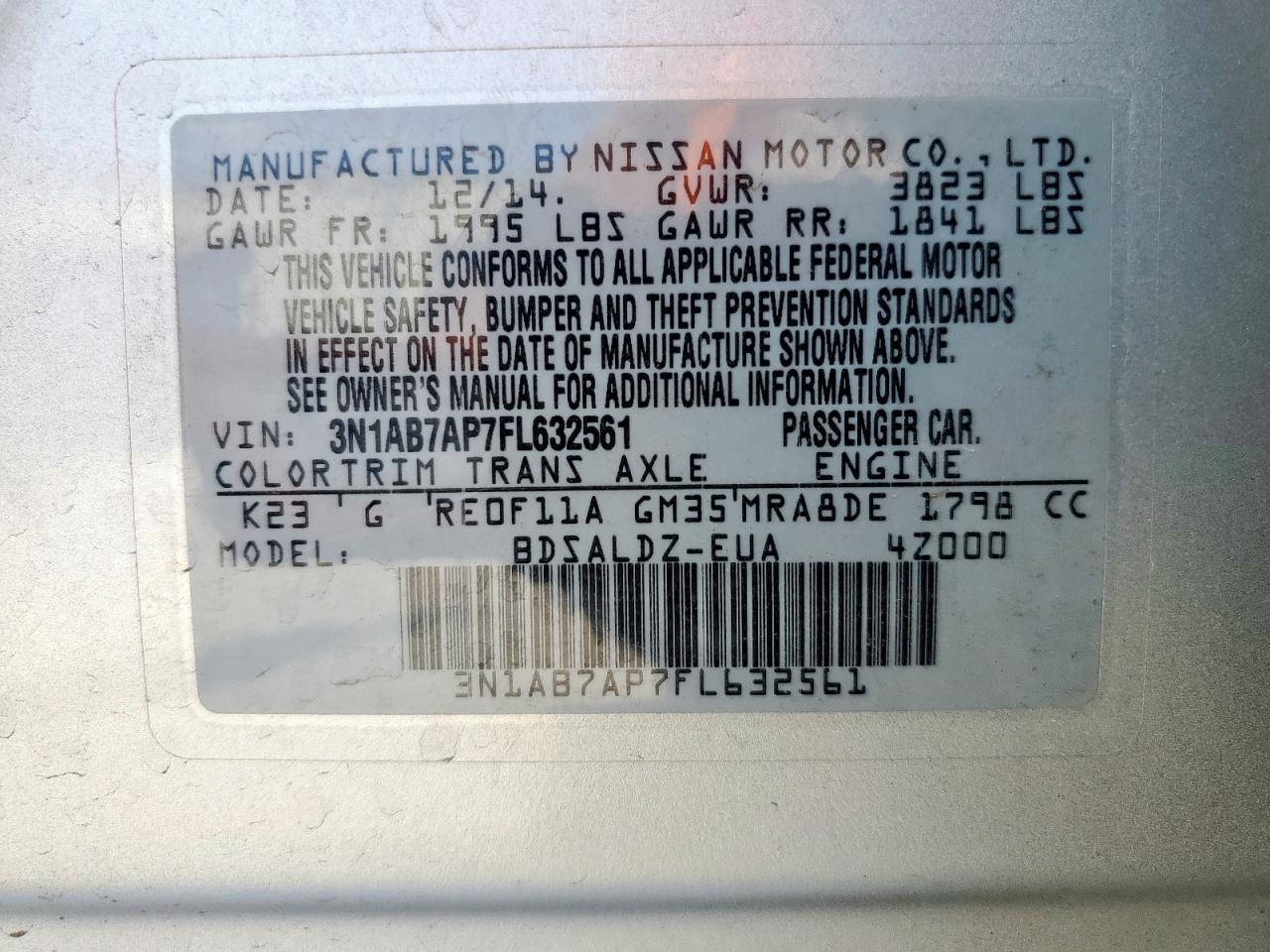 2015 Nissan Sentra S VIN: 3N1AB7AP7FL632561 Lot: 65727945