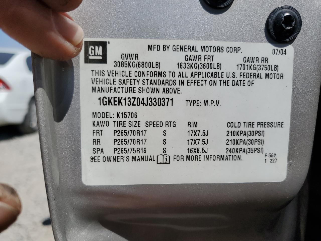 2004 GMC Yukon VIN: 1GKEK13Z04J330371 Lot: 66524905