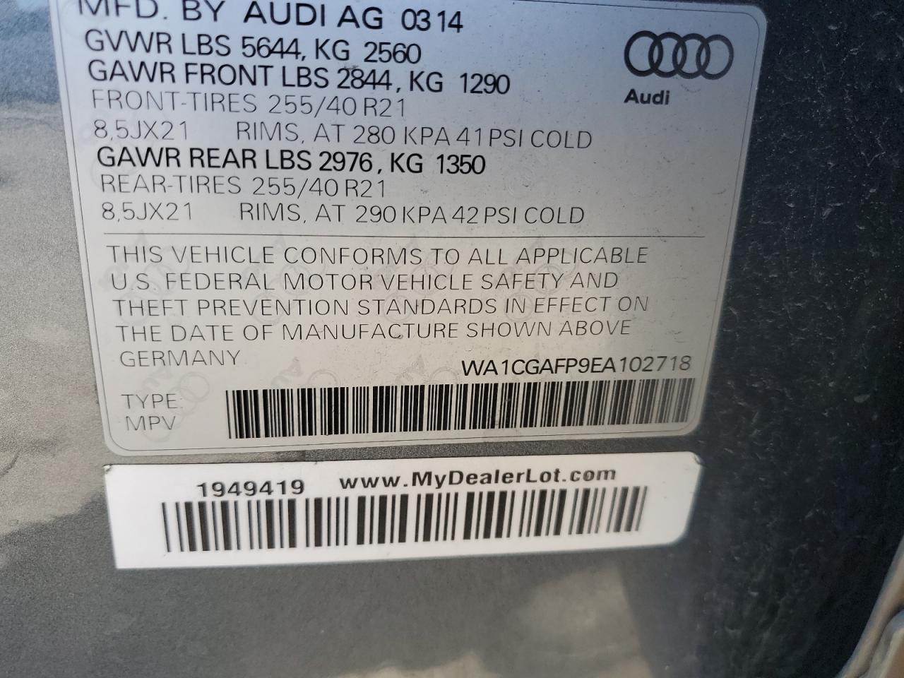 2014 Audi Sq5 Premium Plus VIN: WA1CGAFP9EA102718 Lot: 65359995