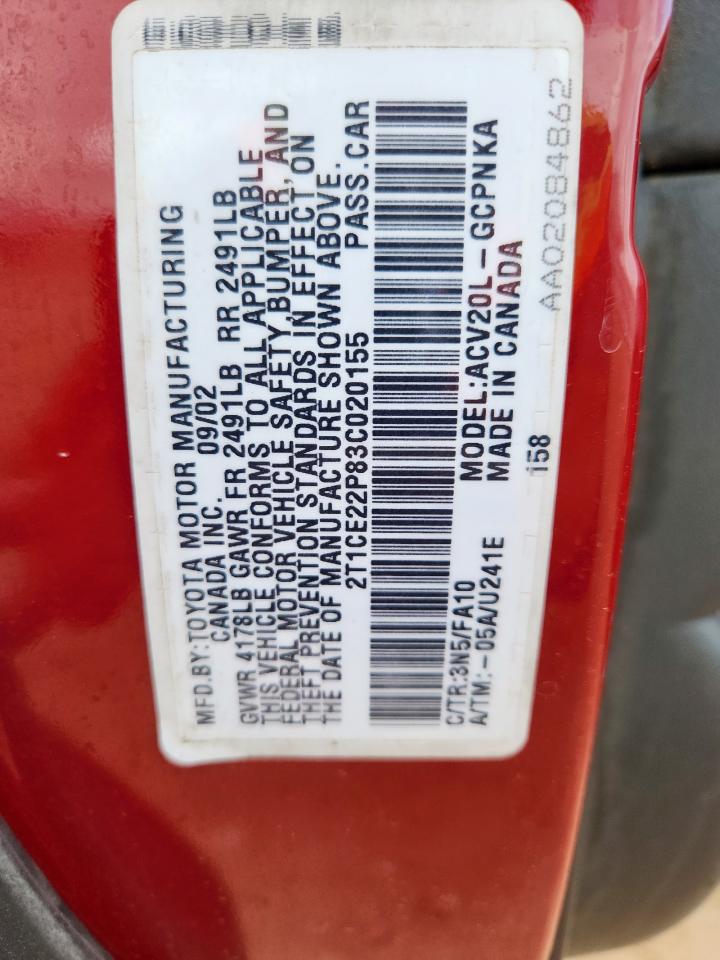2003 Toyota Camry Solara Se VIN: 2T1CE22P83C020155 Lot: 63653025