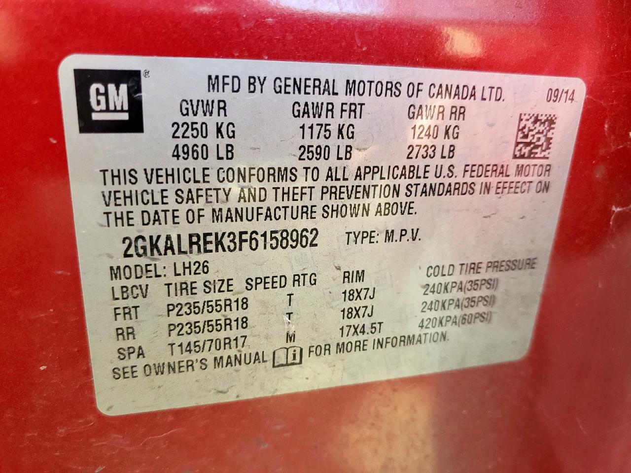 2015 GMC Terrain Sle VIN: 2GKALREK3F6158962 Lot: 62111425