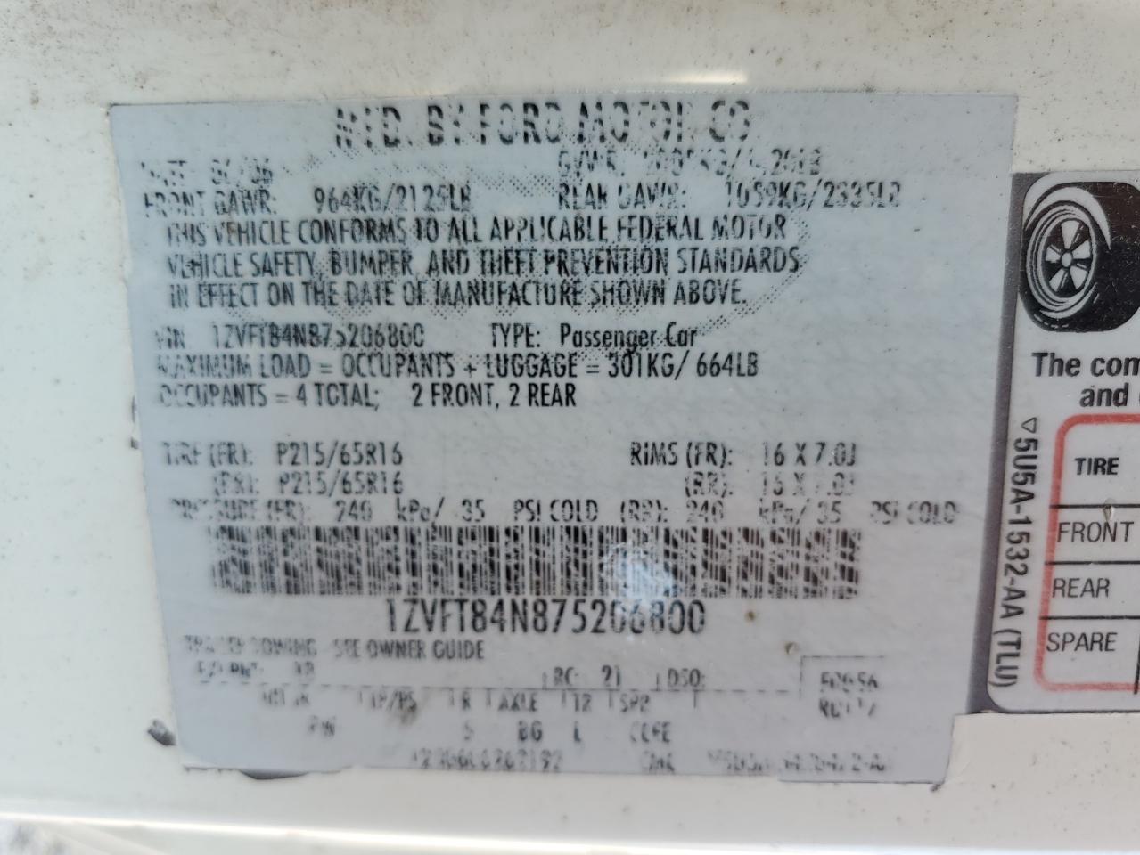 2007 Ford Mustang VIN: 1ZVFT84N875206800 Lot: 62071085