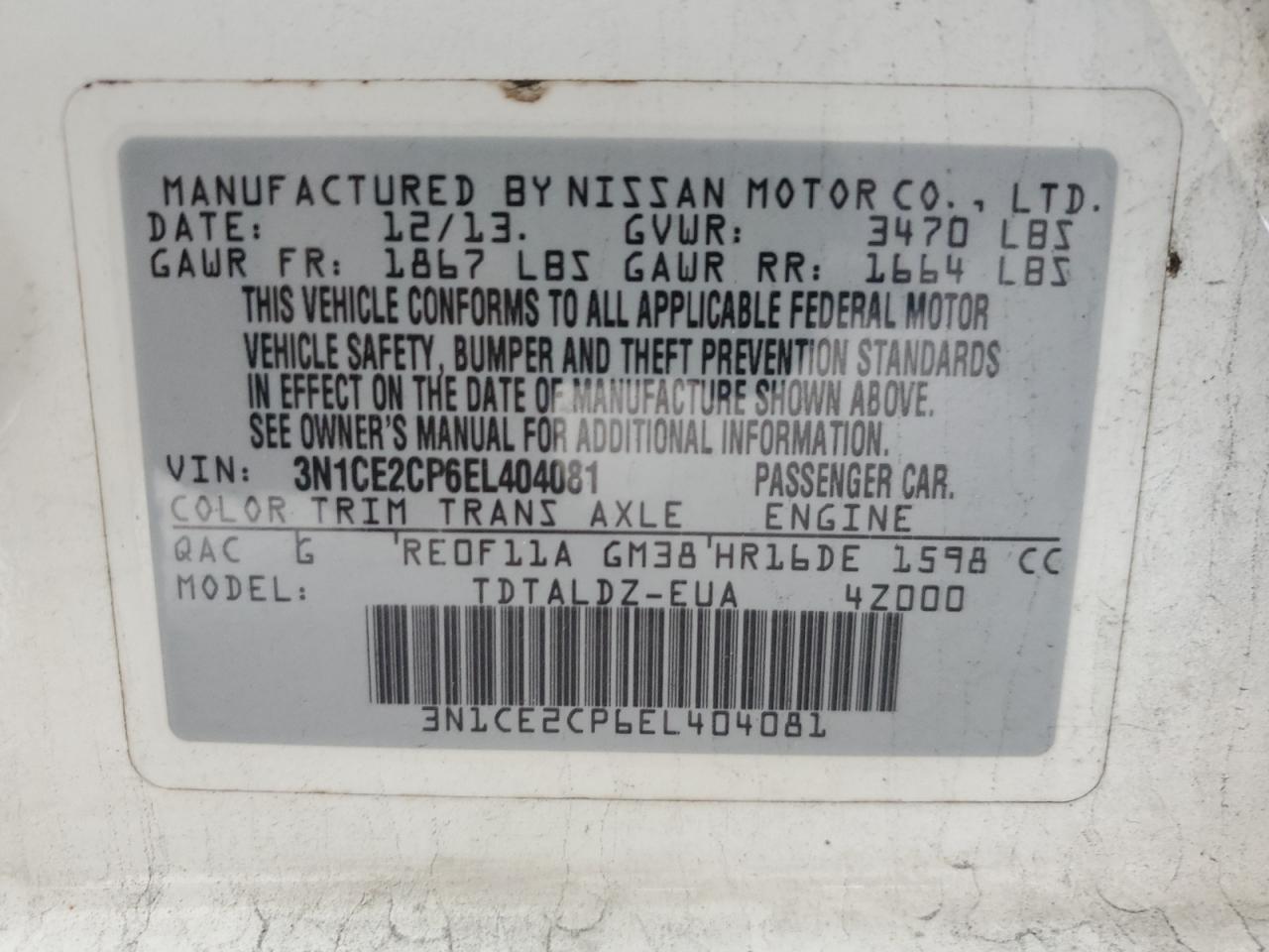 2014 Nissan Versa Note S VIN: 3N1CE2CP6EL404081 Lot: 63346915