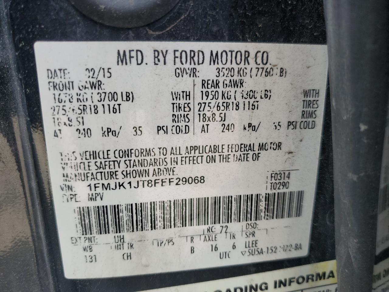 2015 Ford Expedition El Xlt VIN: 1FMJK1JT8FEF29068 Lot: 62678295
