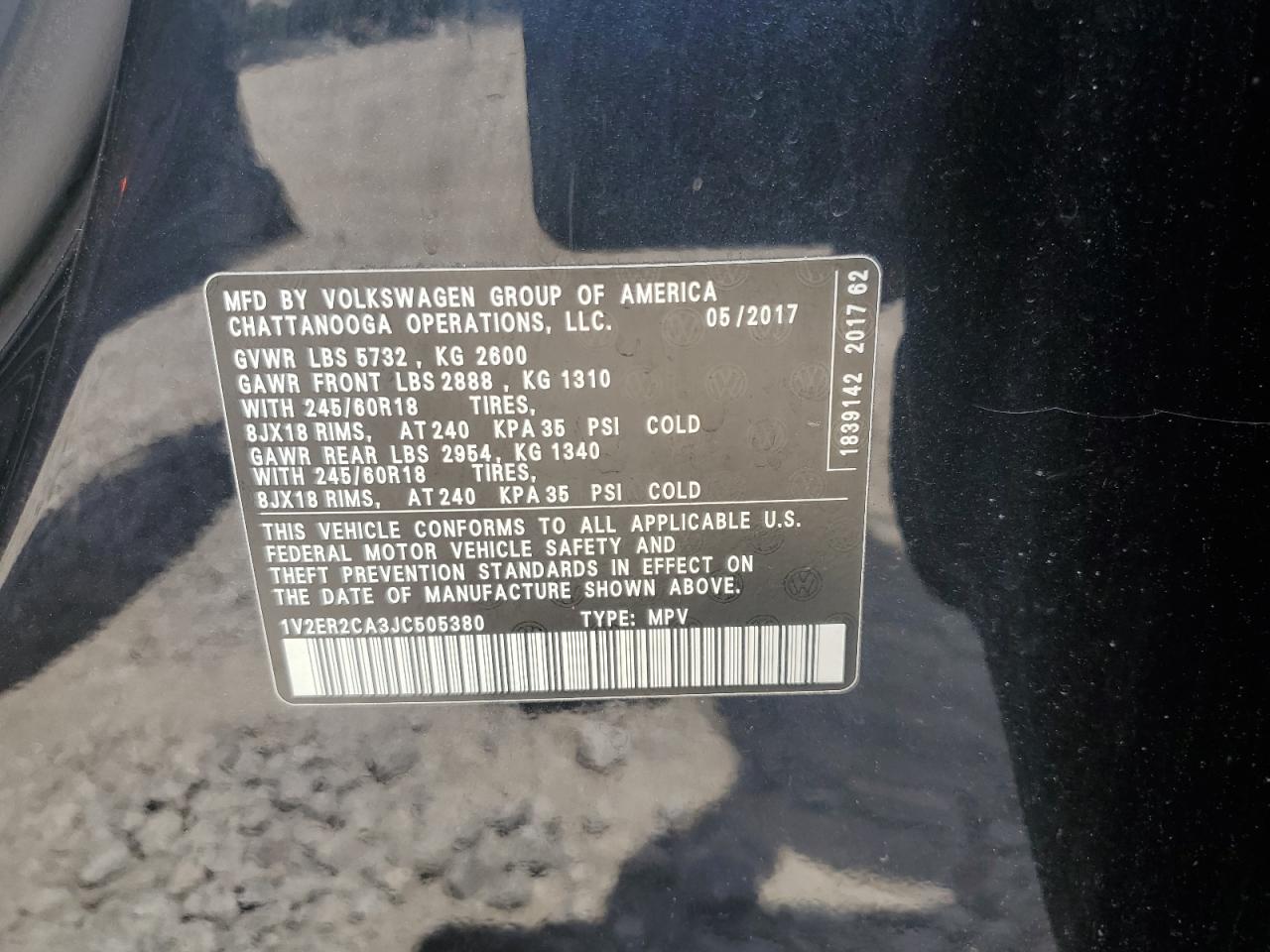 2018 Volkswagen Atlas Sel VIN: 1V2ER2CA3JC505380 Lot: 64239105