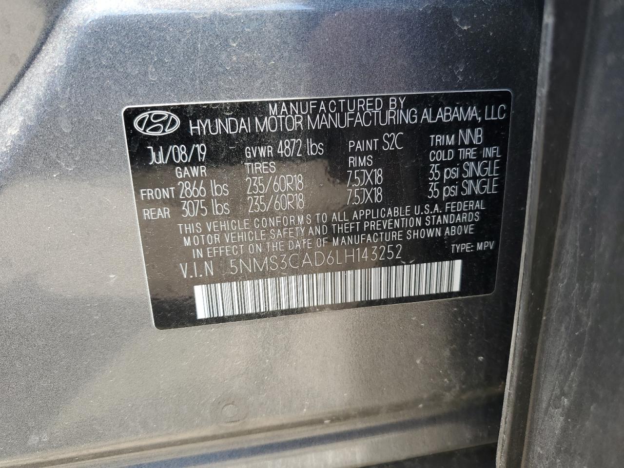 2020 Hyundai Santa Fe Sel VIN: 5NMS3CAD6LH143252 Lot: 63285375