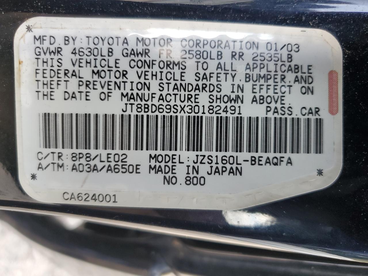 2003 Lexus Gs 300 VIN: JT8BD69SX30182491 Lot: 64336175