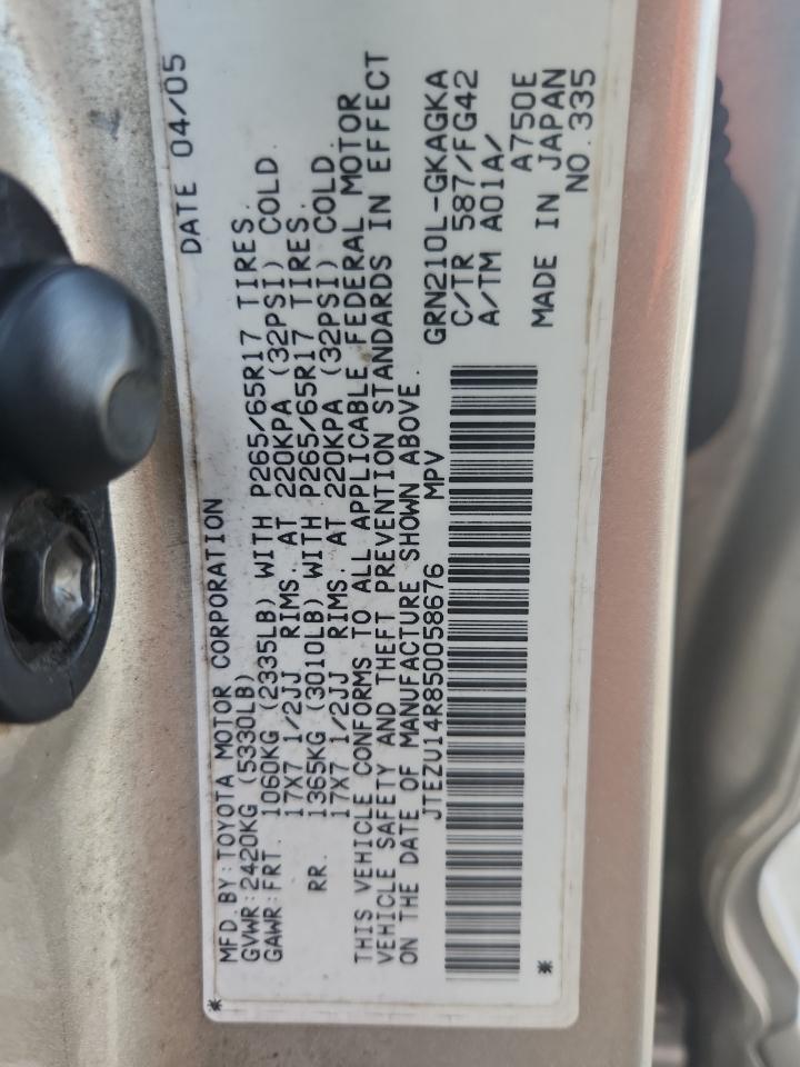 2005 Toyota 4Runner Sr5 VIN: JTEZU14R850058676 Lot: 64776605