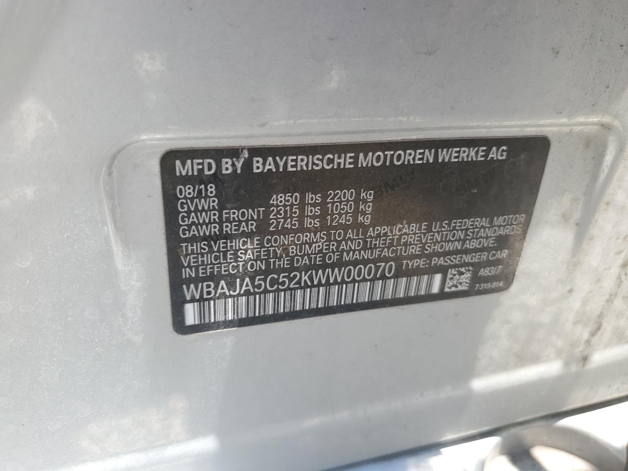 2019 BMW 530 I VIN: WBAJA5C52KWW00070 Lot: 64849985