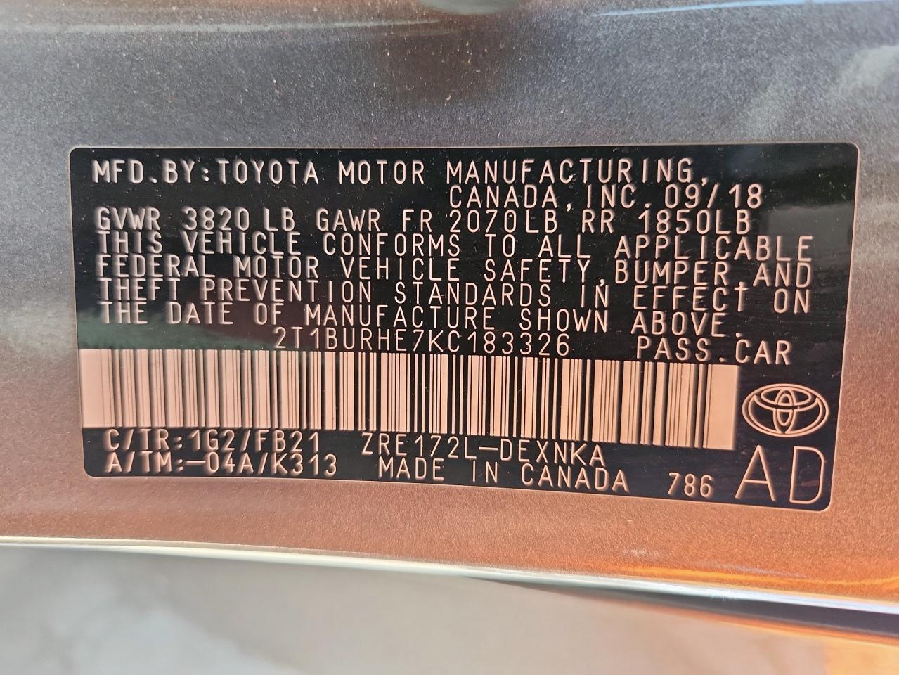 2019 Toyota Corolla L VIN: 2T1BURHE7KC183326 Lot: 65498465