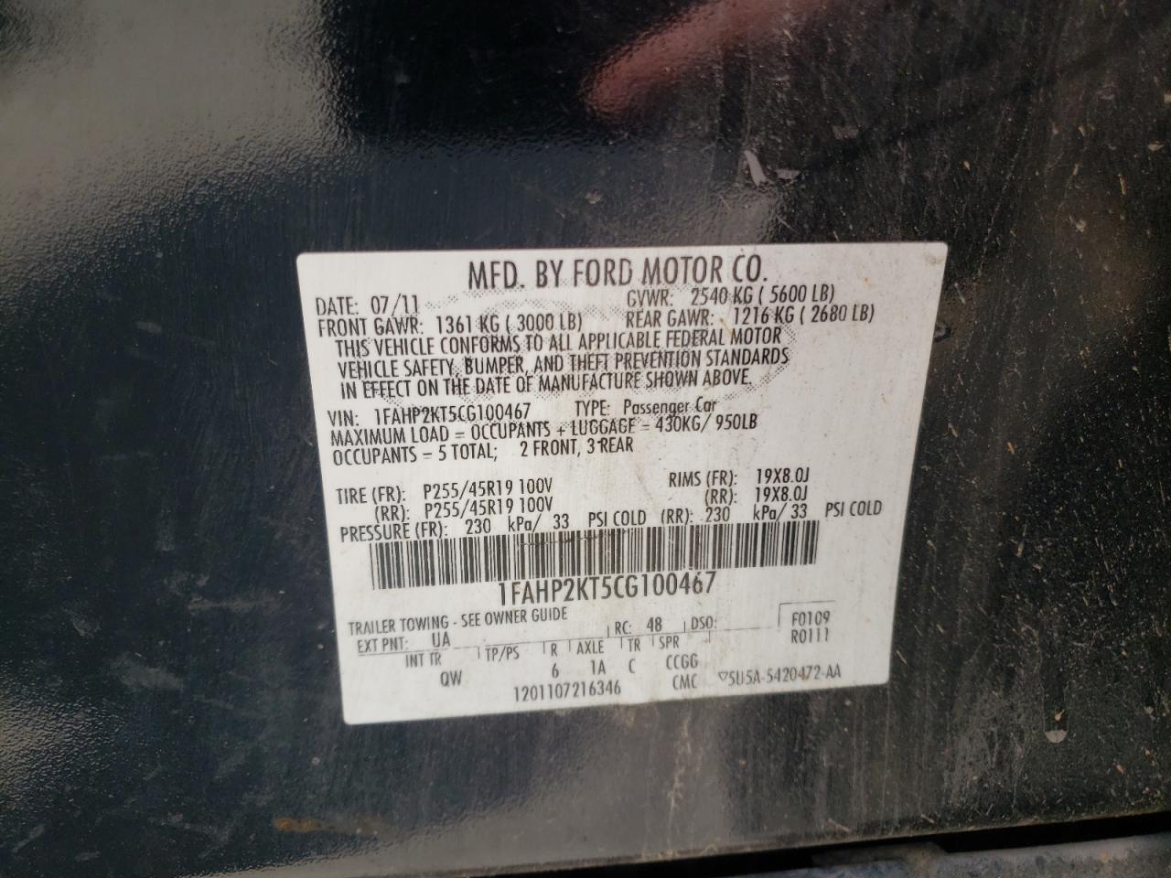 2012 Ford Taurus Sho VIN: 1FAHP2KT5CG100467 Lot: 64783925