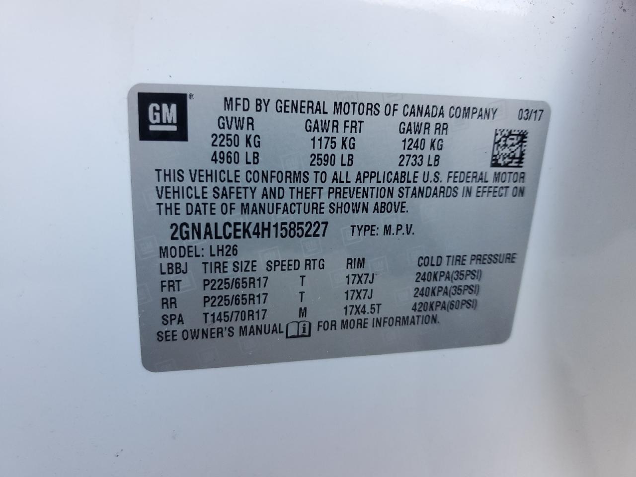 2017 Chevrolet Equinox Lt VIN: 2GNALCEK4H1585227 Lot: 63330295