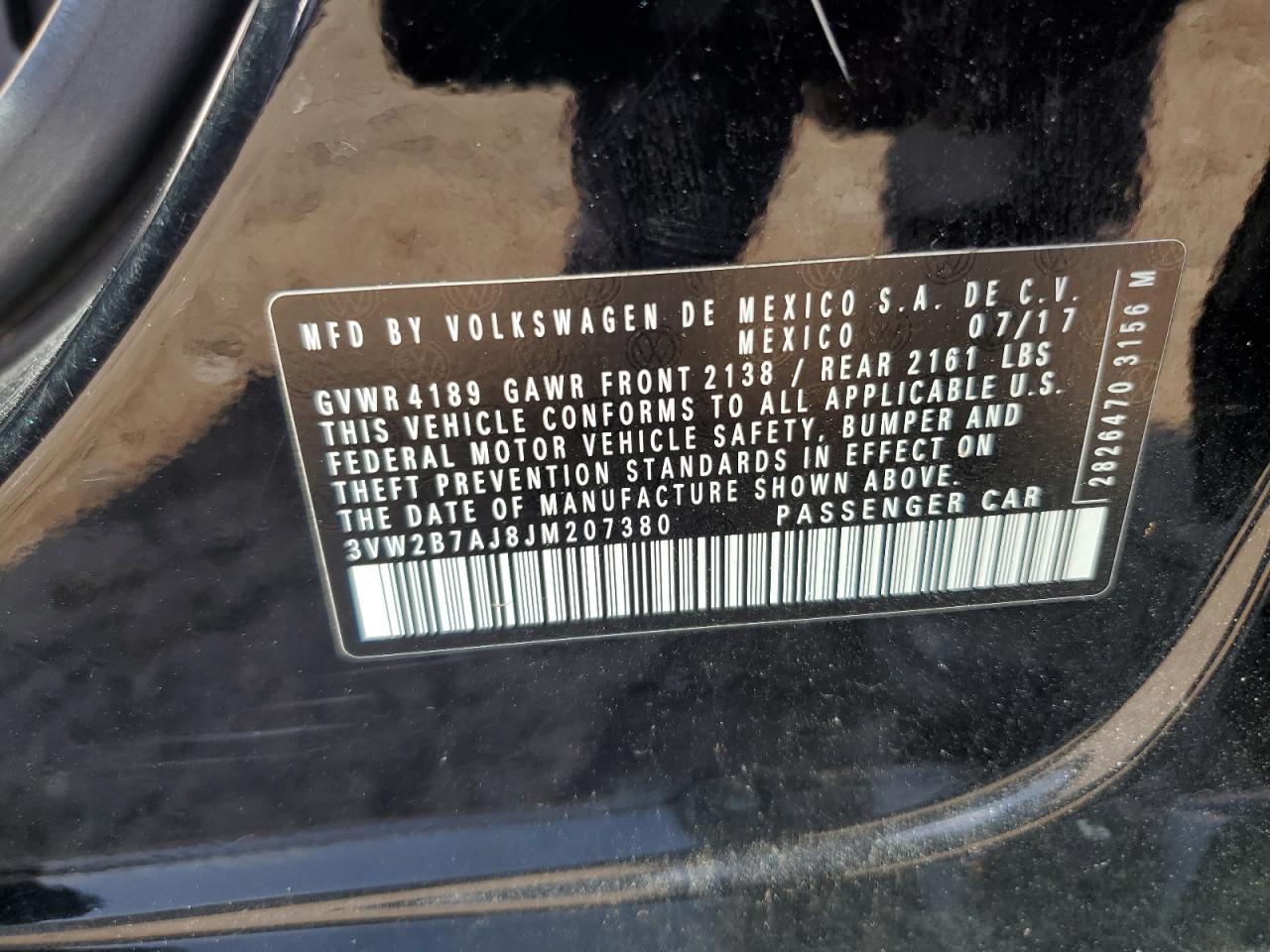 2018 Volkswagen Jetta S VIN: 3VW2B7AJ8JM207380 Lot: 63830655