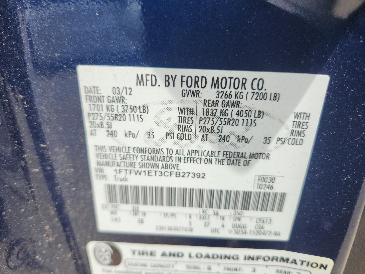 2012 Ford F150 Supercrew VIN: 1FTFW1ET3CFB27392 Lot: 61849735