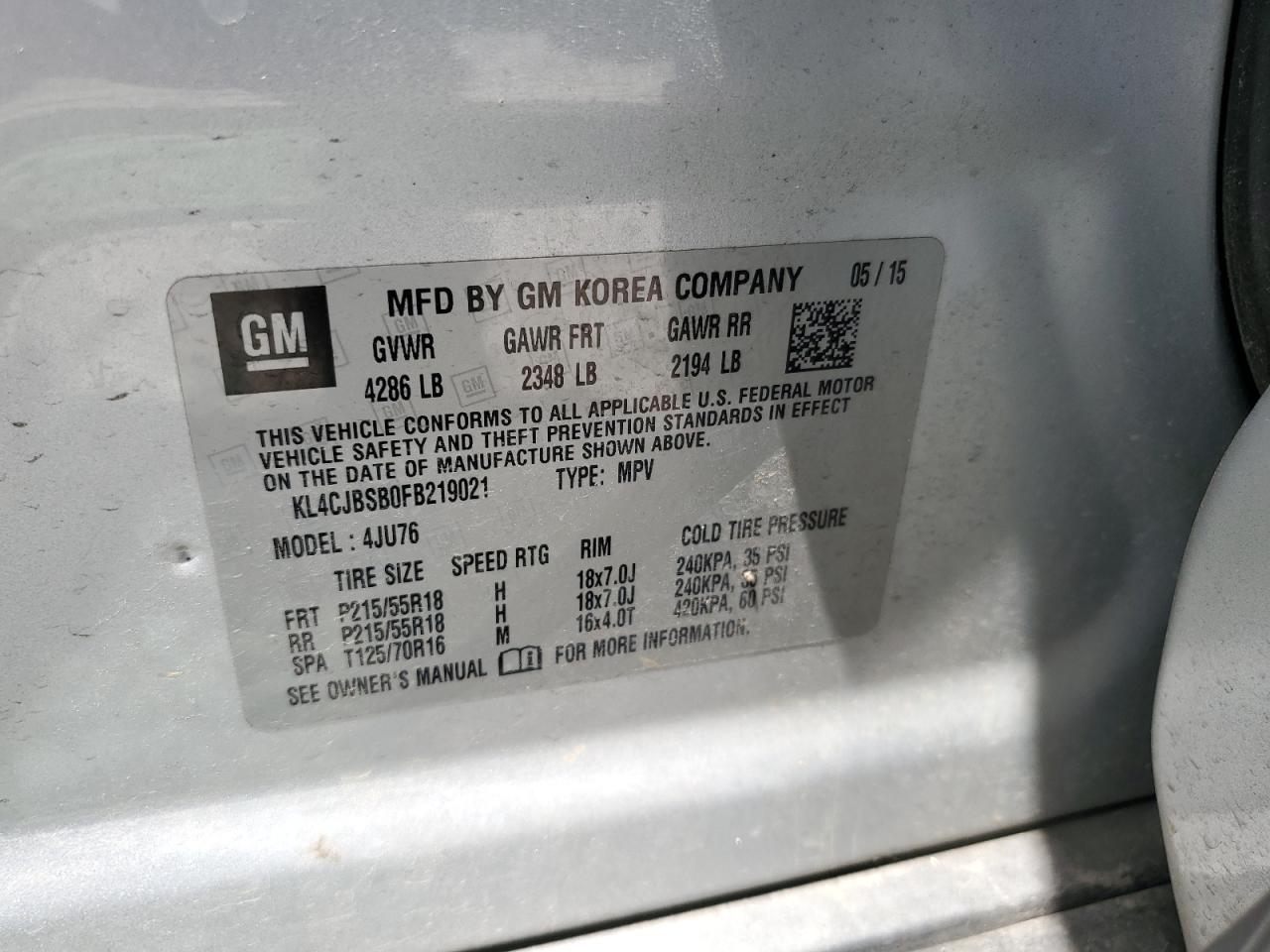 2015 Buick Encore Convenience VIN: KL4CJBSB0FB219021 Lot: 65460585