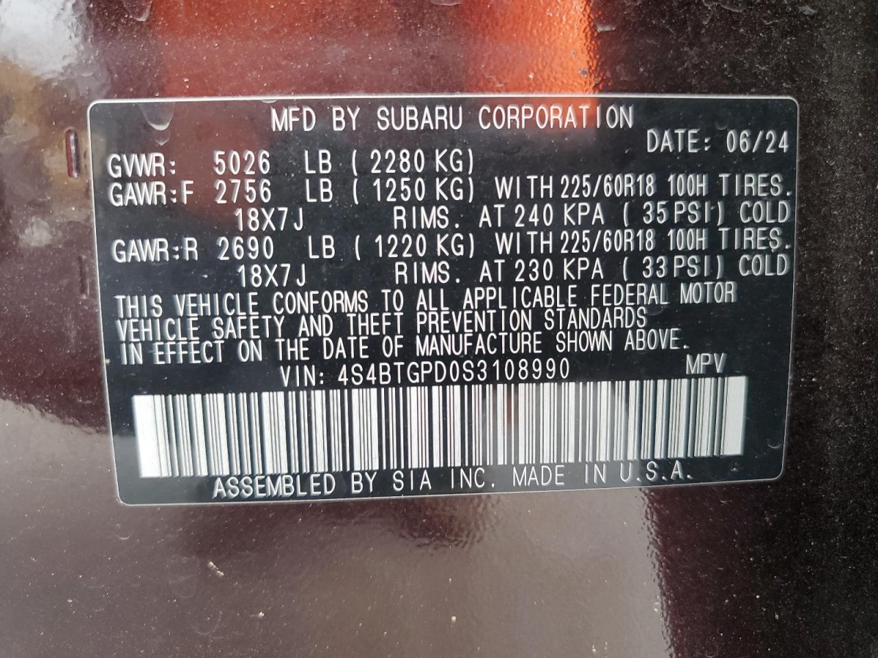 2025 Subaru Outback Touring VIN: 4S4BTGPD0S3108990 Lot: 64743885