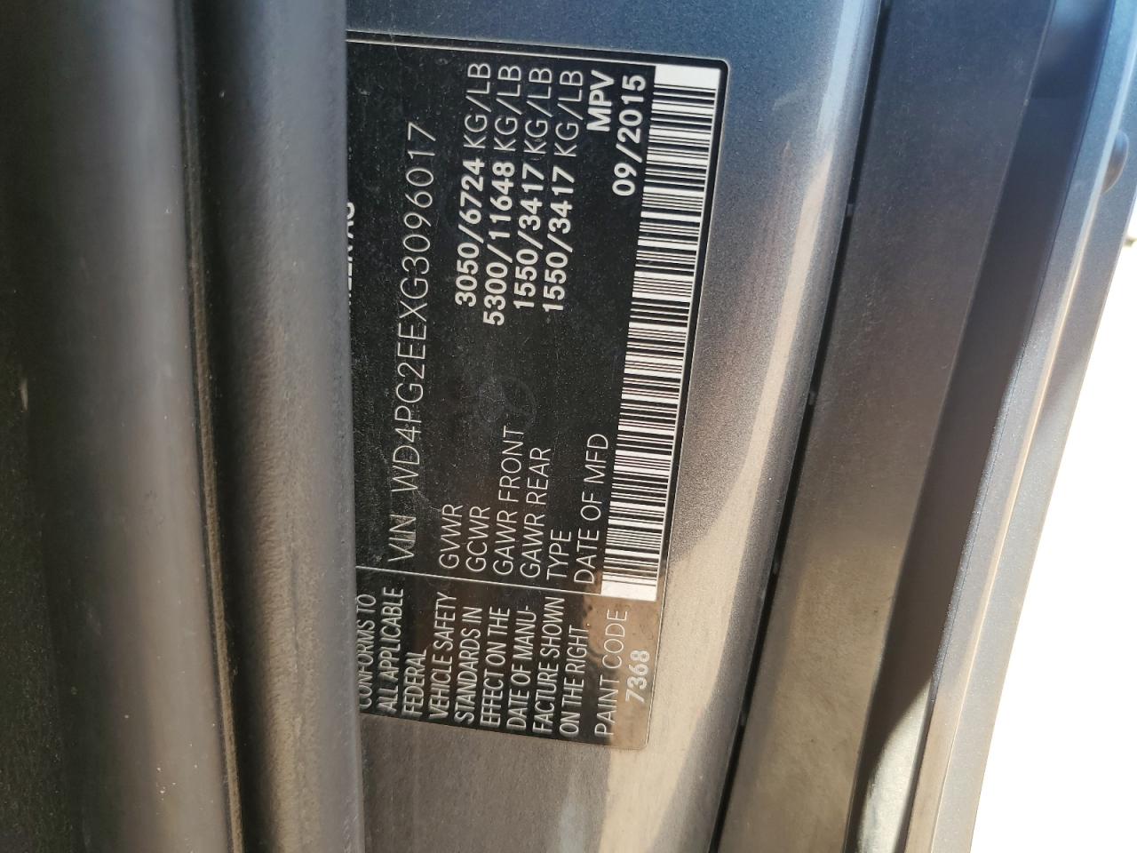 2016 Mercedes-Benz Metris VIN: WD4PG2EEXG3096017 Lot: 63273605