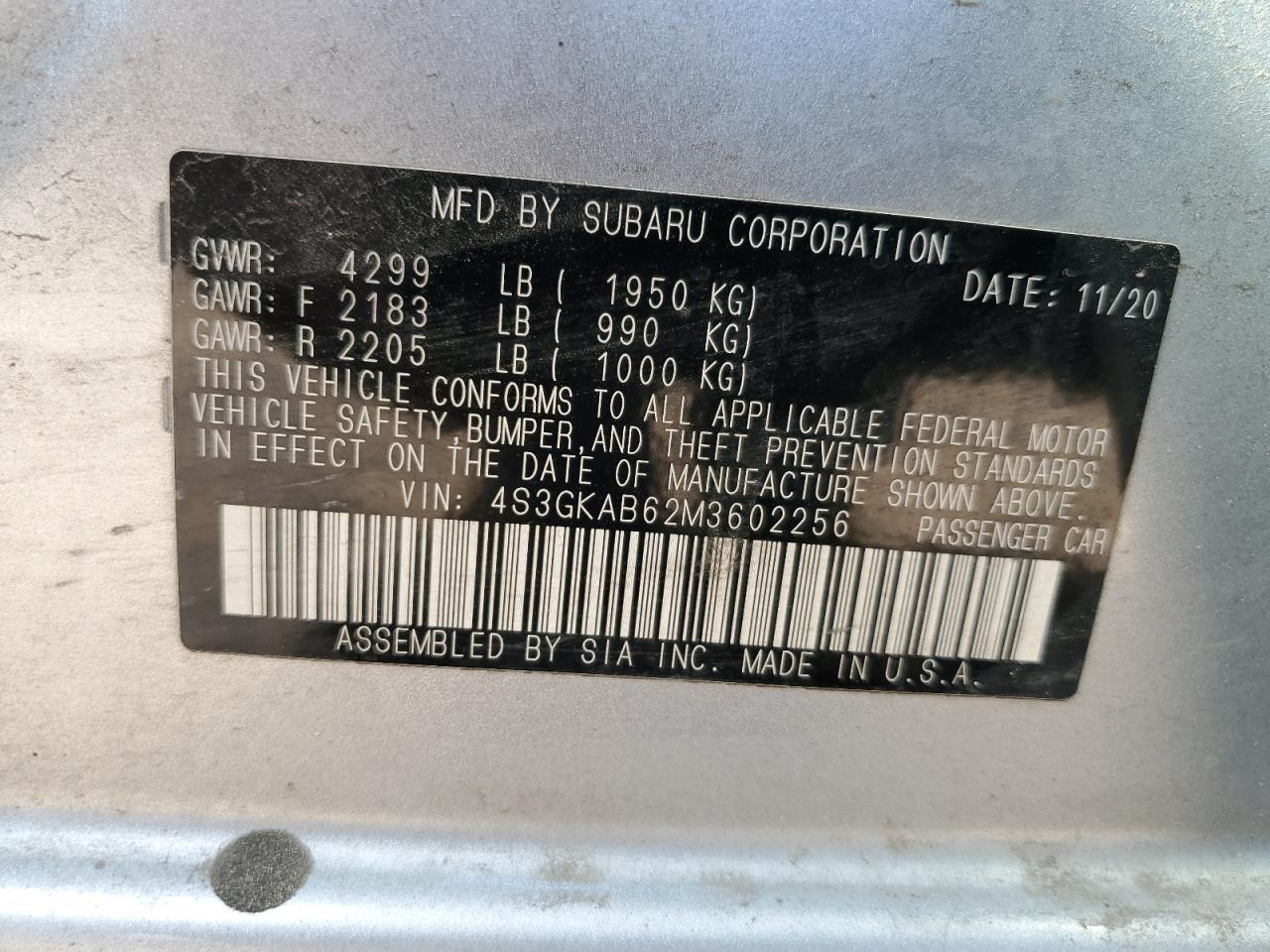 2021 Subaru Impreza VIN: 4S3GKAB62M3602256 Lot: 63613555